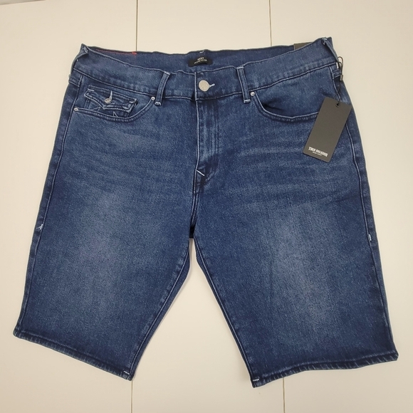 True Religion Men's Size 40 Denim Ricky SN Flap Dark Lagoon Wash Jean Shorts New - Picture 1 of 8